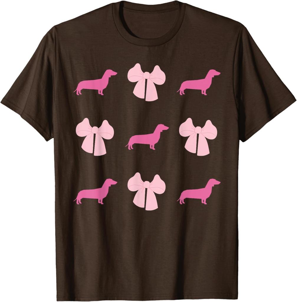 Pink Dachshund Bow Pattern Graphic Tee Cute Wiener Dog Lover Short Sleeve T-Shirt