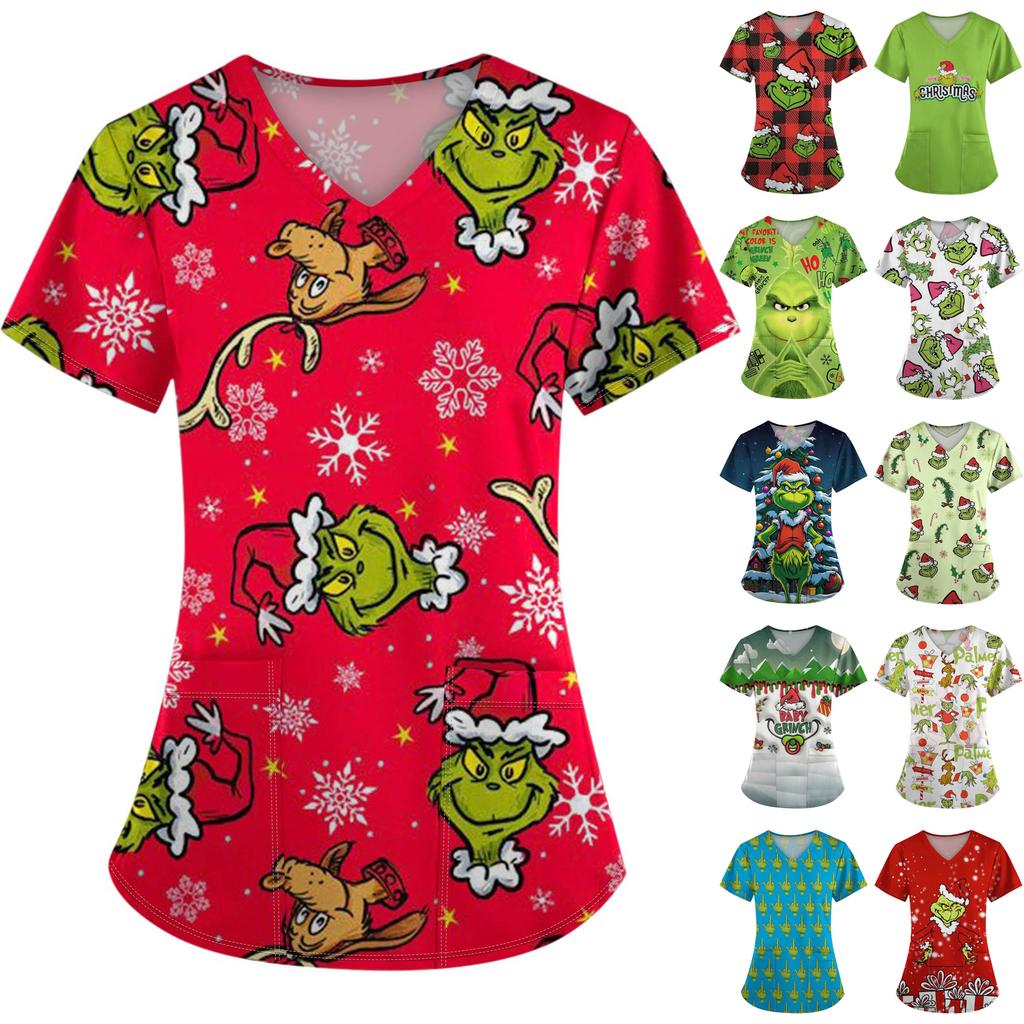 Women's Fashion Printed Short Sleeve V Neck Pattern Tops Pocket Working T-shirts