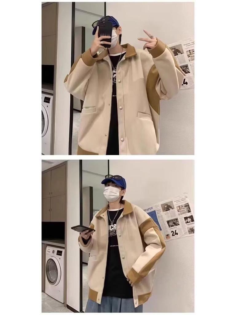 Men's Oversized Patchwork Wool Coat – Hong Kong Style Loose Fit Lapel Jacket, Trendy Korean Casual Design