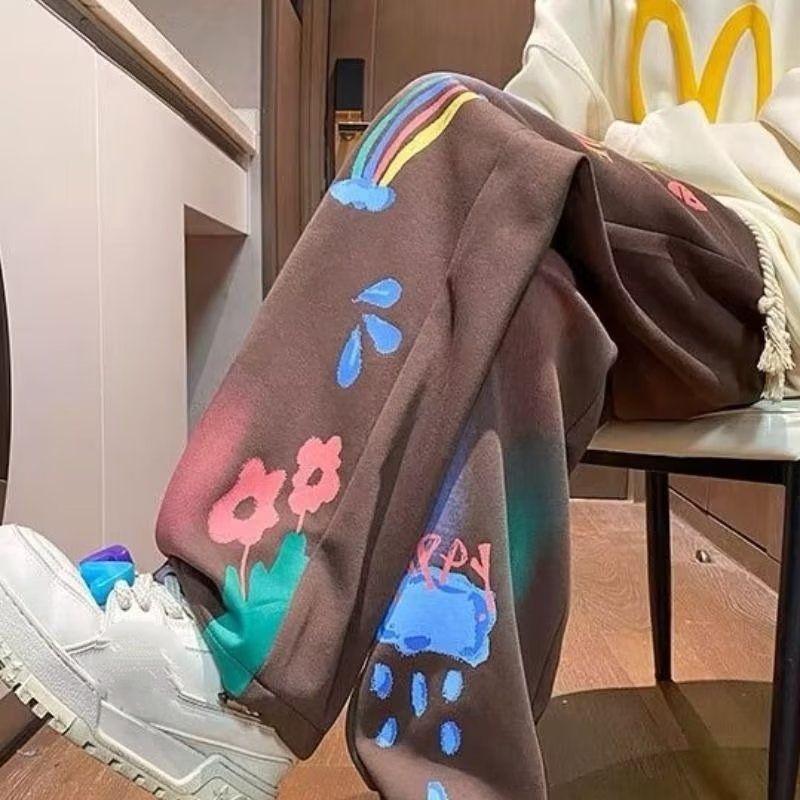 

Большой размер, модные повседневные спортивные брюки в американском граффити с героями мультфильмов, свободные повседневные спортивные прямые брюки для мужчин, M-8XL M коричневый