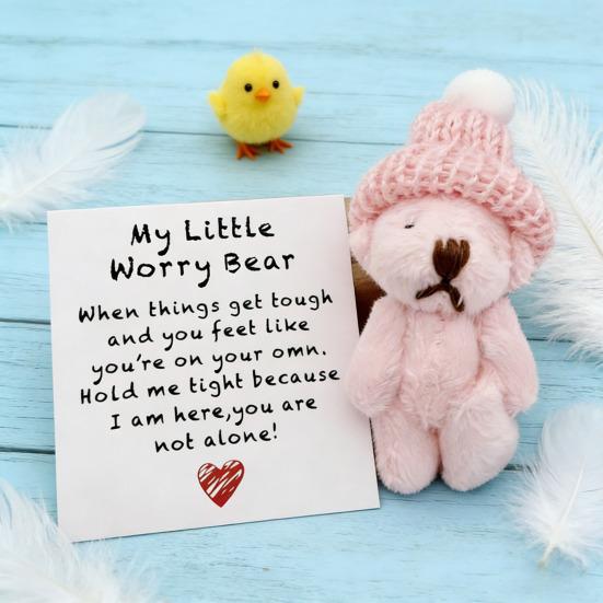 Mini Plush Bear Doll My Little Worry Bear Handmade Gift with Inspirational Card Pocket Bears Hug Plush for Graduation Colleagues & Motivational