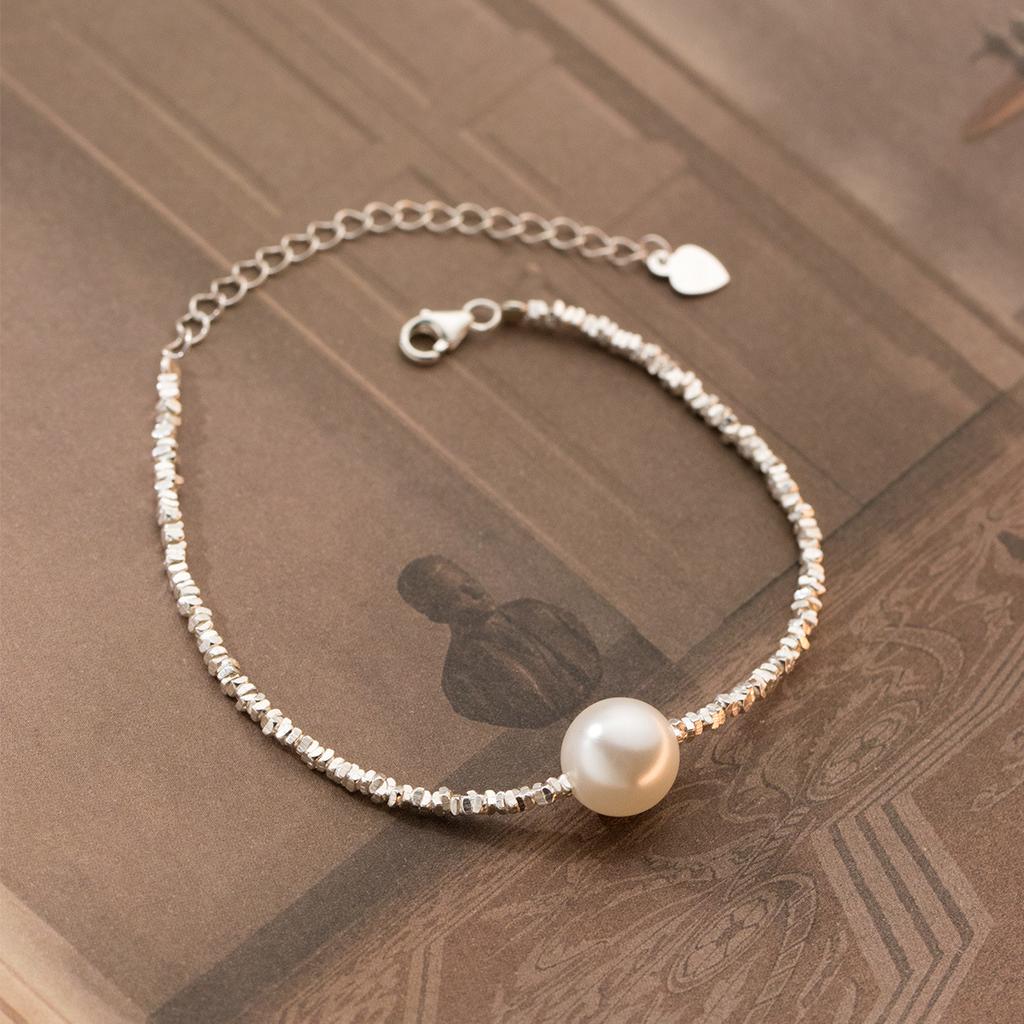 Simple Personality Sterling Silver Chain Freshwater 8-9mm White Pearl Near Round 925 Bracelet Fine Jewelry Gifts for Women Girls