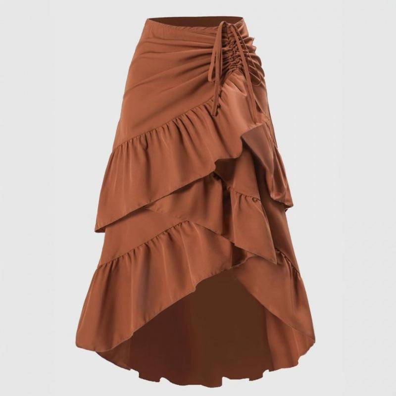 Women Spring Fall High Waist Gathered Bodycon Skirt with Ruffle Hem & Draped Detail