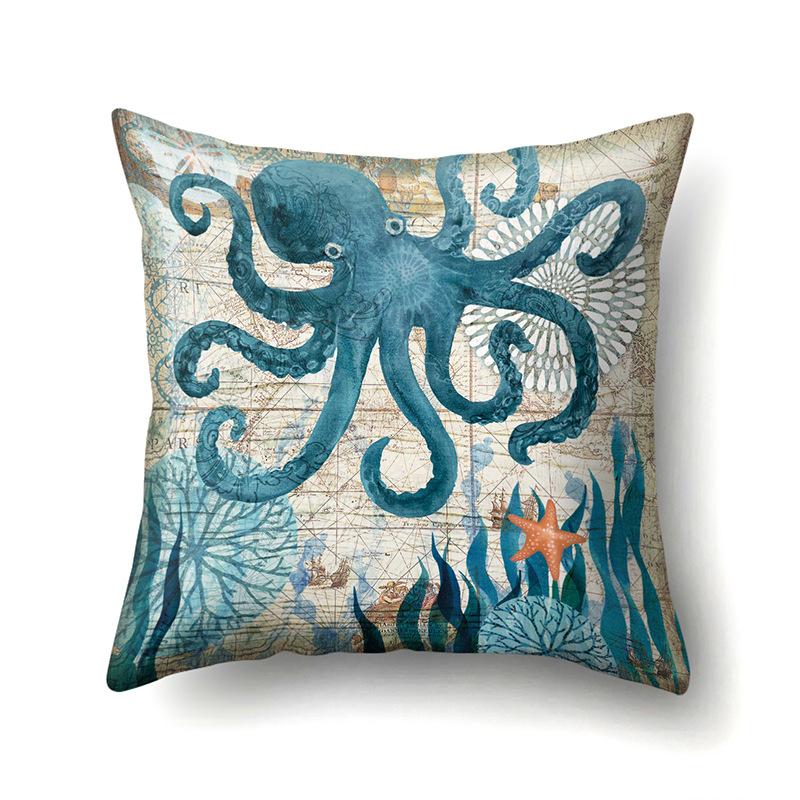 Polyester Pillowcase Peach Leather Velvet Cushion Cover Marine Life Seahorse Octopus Printed Pillowcase Car Cushion