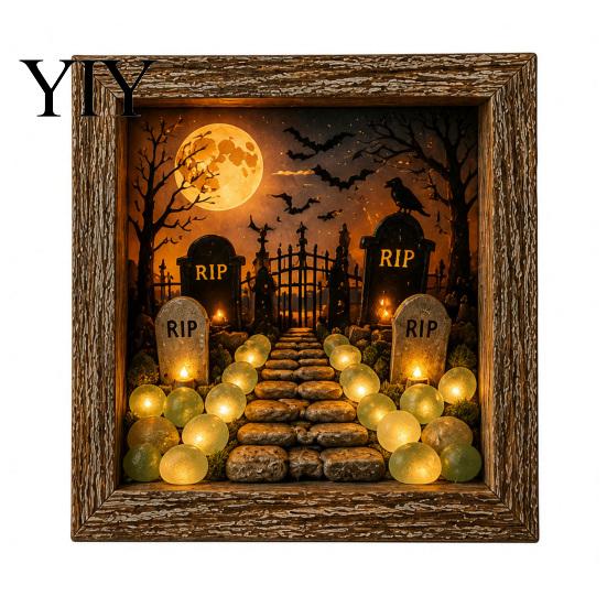 Wood Glass Picture Frame Halloween Shadow Box DIY Lighted Craft Kit, Wooden Night Light with Decorative Display Sea Stones, Gothic LED Memory Case for