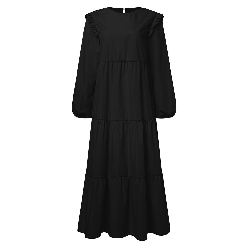 Women's Casual Long Sleeve Round Neck Color Dress Long Dress Robe