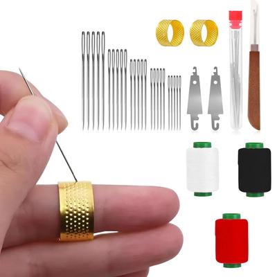 34PCS Multi Size Big Eye Stainless Steel Sewing Needles Kit with Thimbles Thread Embroidery Cross Stitching Tools for DIY Craft