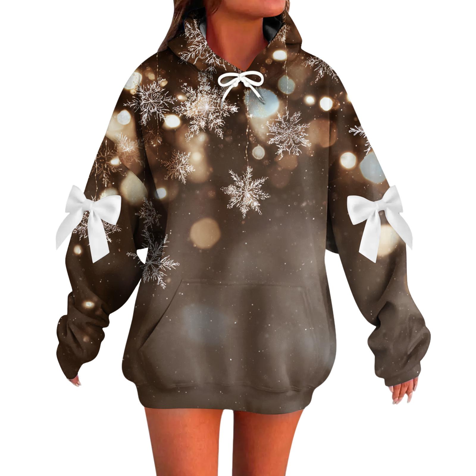 

Ladies Christmas Printed Bow Long Sleeved Loose Fitting Headband With Rope Hooded Sweatshirt Top M коричневий