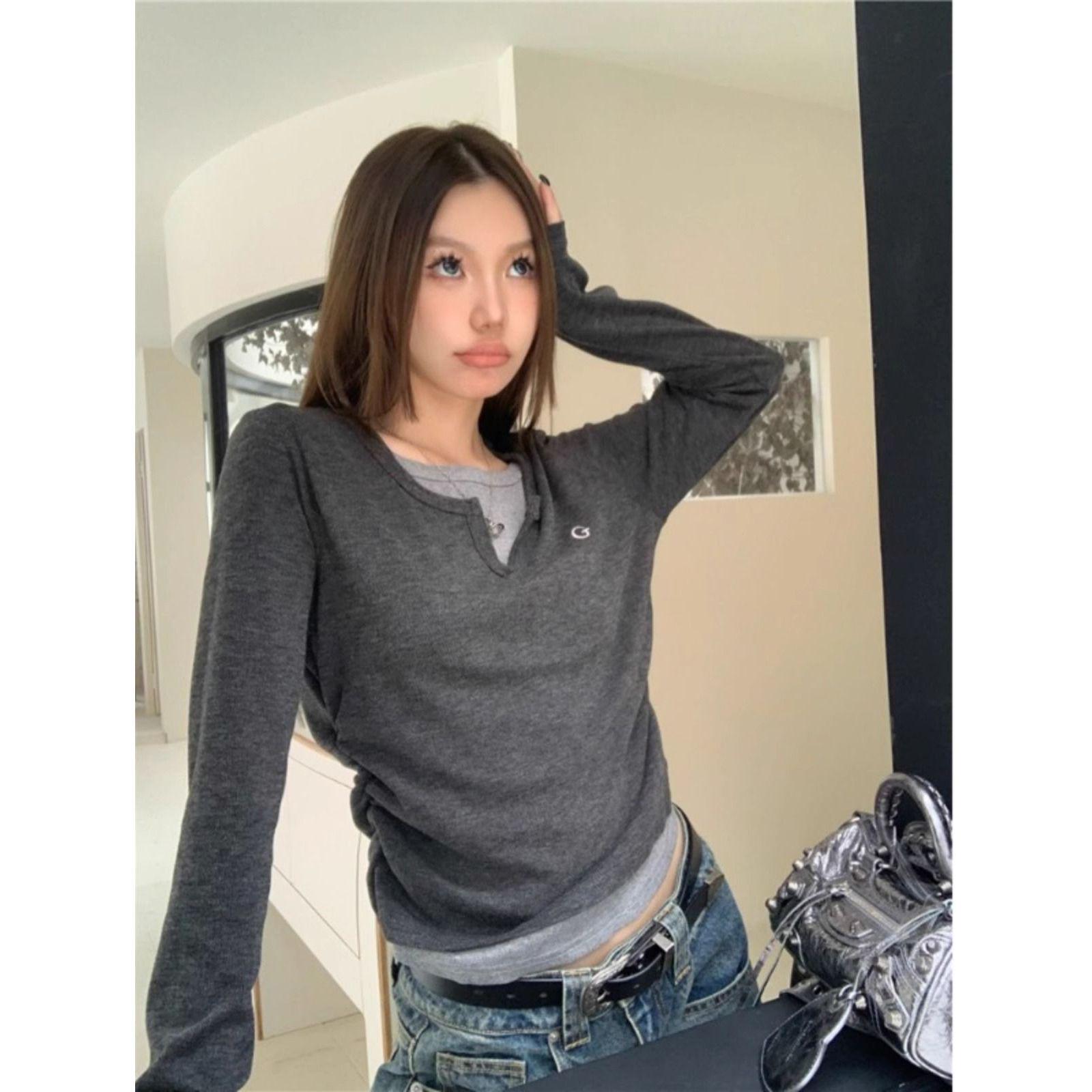 Women s Gray Faux Two-Piece Long-Sleeve Top - Slimming Autumn/Winter Style M серый