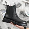 Fashion Chelsea Boots Mens Winter Shoes Thick Sole Non-slip Genuine Leather Mens Ankle Botas Warm Plush Black