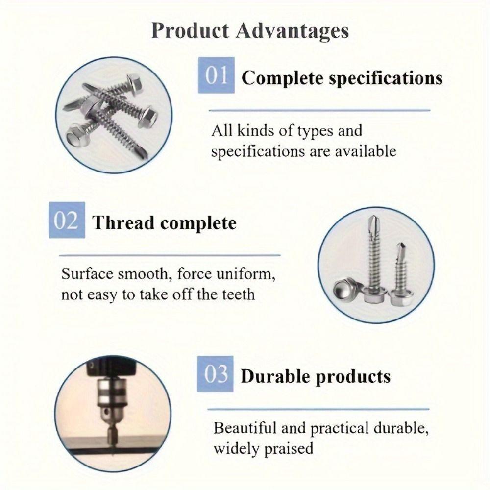 Fully Threaded Self-drilling Screw 250Pcs Hexagon Drill Tail Screws Drilling for Metal, Furniture