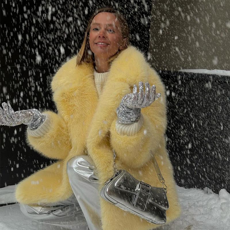 Autumn Winter Thick Warm Women Faux Fur Coat Turn-down Collar Long Sleeve Coats Casual High Quality Fluffy Jacket Outwear