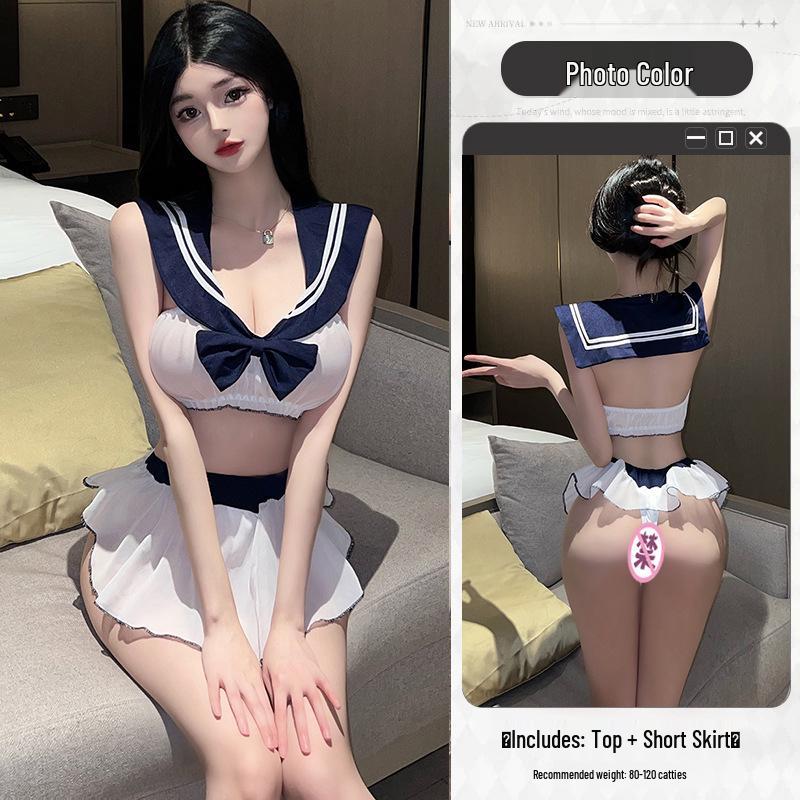 Sensual See-Through Lingerie Set: Seductive Mini Skirt & Cute School Uniform Nightwear for Women