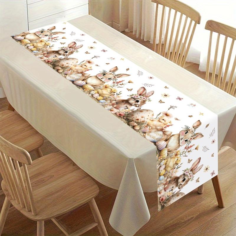 Vintage Easter Bunny Table Runner Polyester Rabbit Eggs Flower Table Flag Easter Decorations For Home Kitchen Dining Table Decor