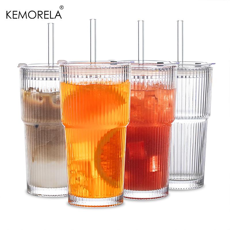 

KEMORELA 590MLRibbed Glass Tumblers with Lids and Glass Straws 4PCS Glassware Set Ideal Iced Coffee Smoothies Juice Cocktails 501-600ml