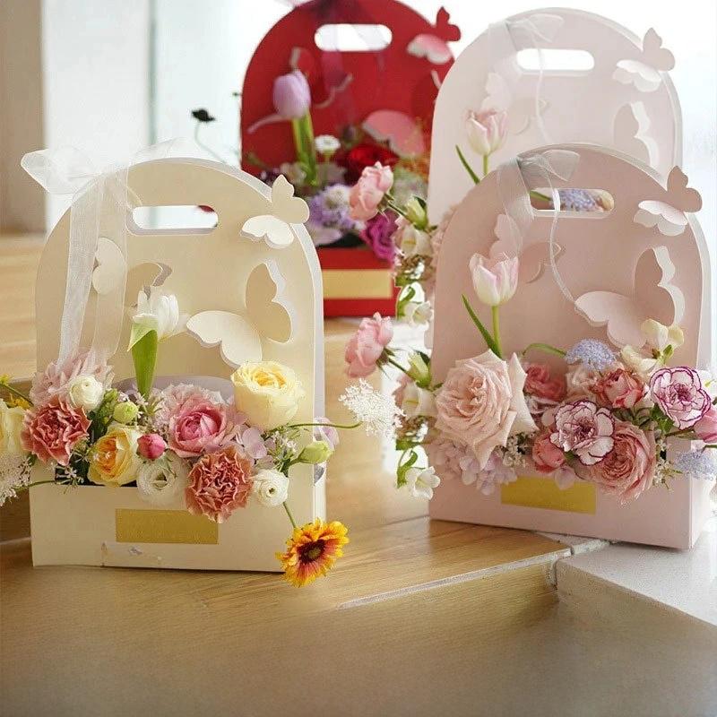 Portable Wedding Favour Boxes 3D Butterfly Carrier Bag Pink Floral Arrangement Gift Paper Package Flower Bouquet Packaging Bag