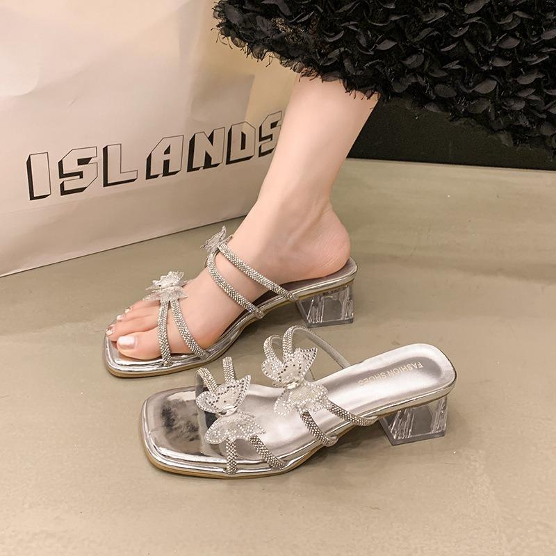 Rhinestone sandals women's summer wear fashion high-end bow crystal medium heel thick heel with skirt cool slippers