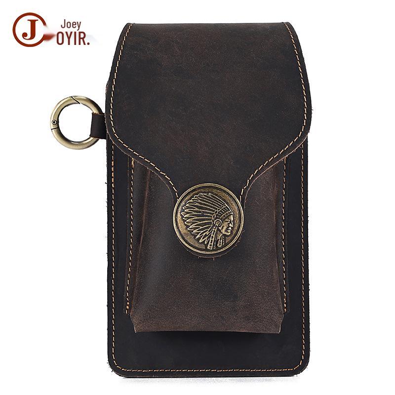 Men's Genuine Leather Fanny Pack: Mad Horse Waist Bag, Belt Loop Phone Holder for Outdoor Sports.