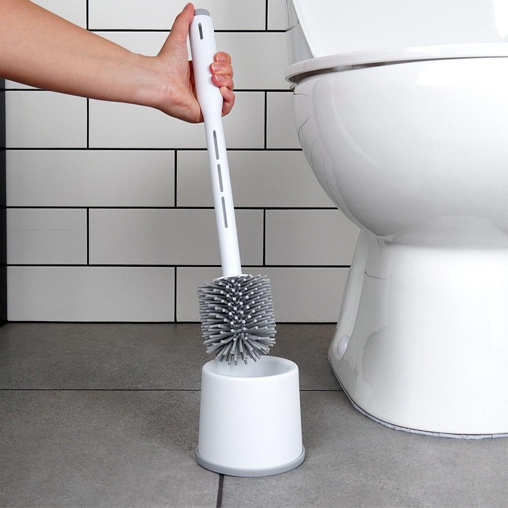 Silicone toilet brush with stand and liquid dispenser, white, 40 cm