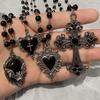 Gothic Bat Cross Pendant Necklace Women's Retro Y2K Heart-shaped Black Bead Necklace Sweater Chain