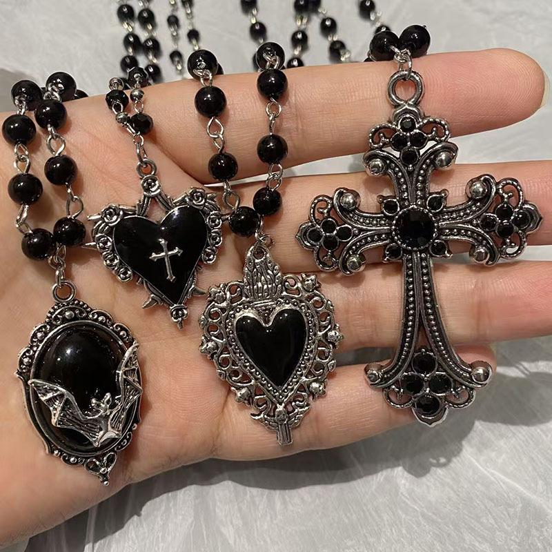 Gothic Bat Cross Pendant Necklace Women's Retro Y2K Heart-shaped Black Bead Necklace Sweater Chain