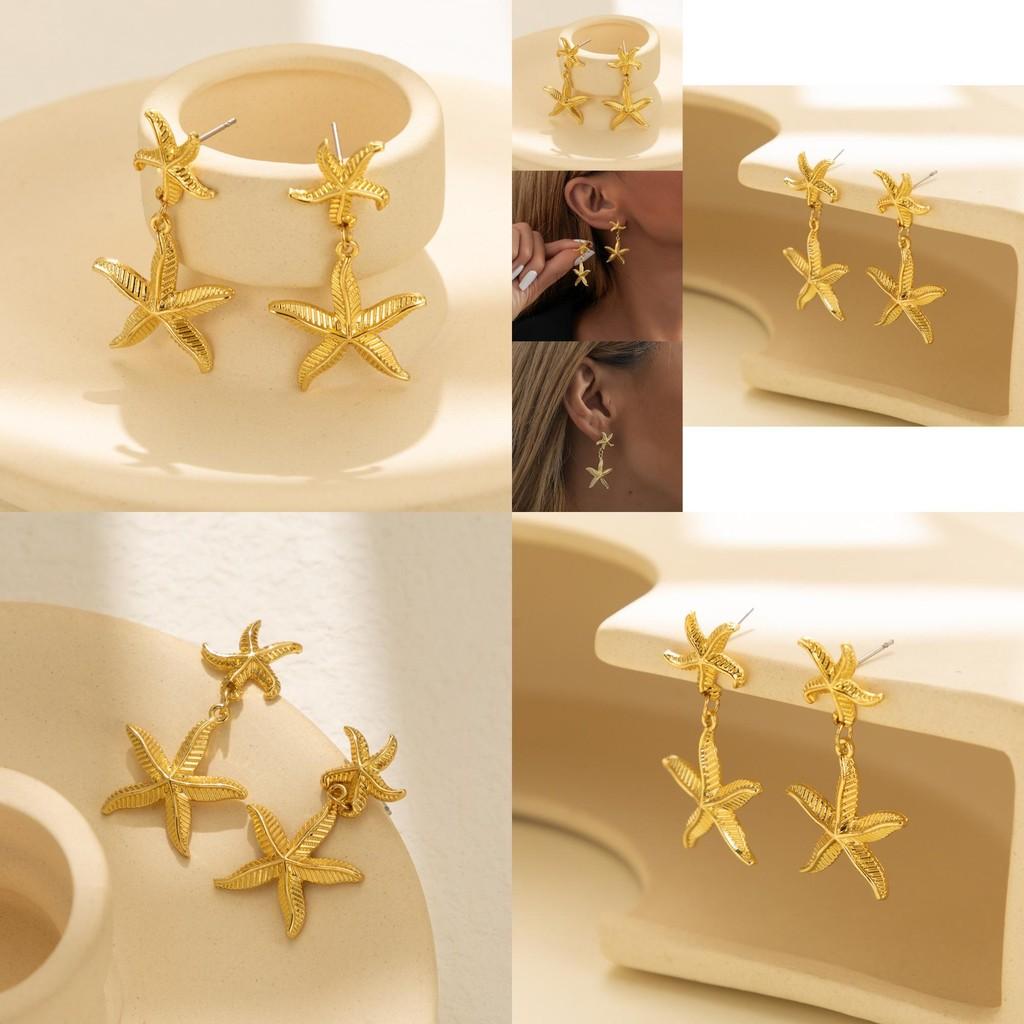 Trendy Gold Plated Starfish Earrings Stylish Gold Alloy Star Shape Earrings For Women For Autumn