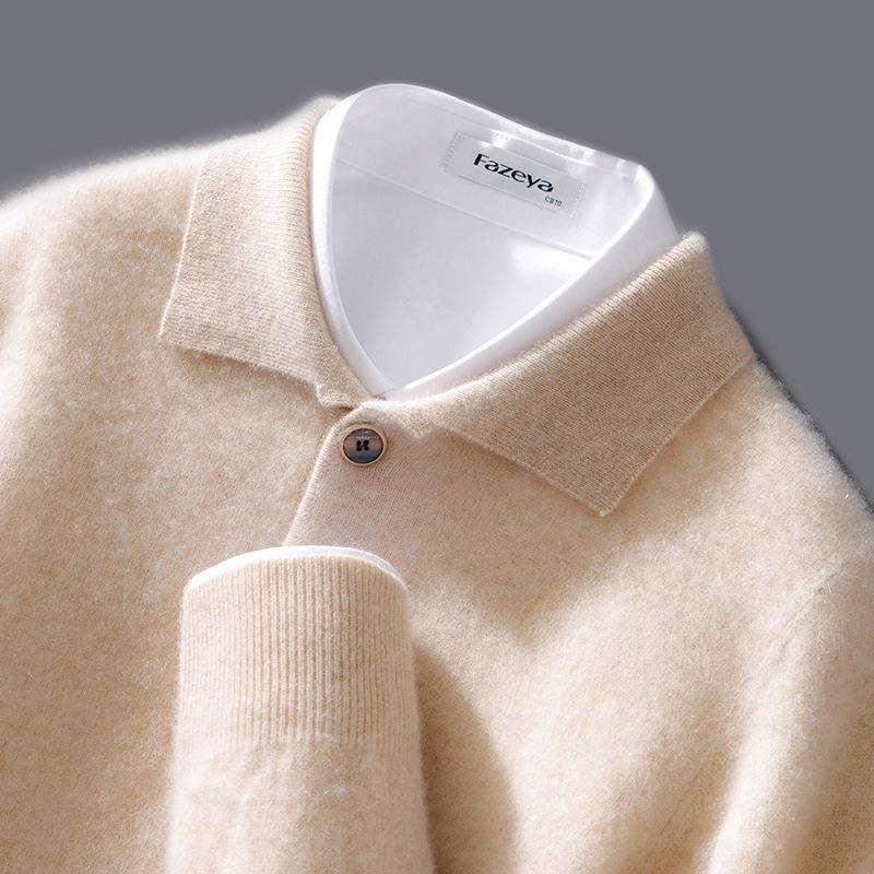 Polo-neck Cardigan Mens Autumn and Winter Latest Single Color Business Cashmere Knitted Base Top Versatile Warm Pullover Sweater