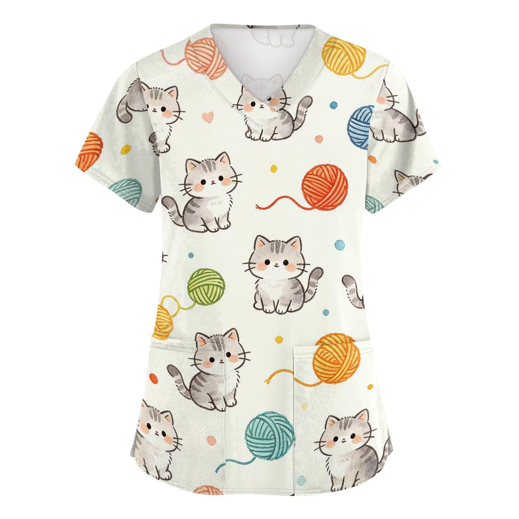 Women's V Neck Short Sleeve Work Top with Pockets Animal Print Professional Uniform Shirt for Healthcare Nursing Staff