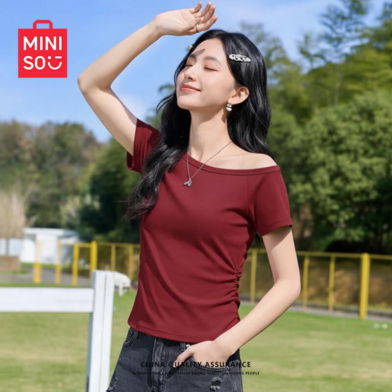 MINISO Women s 2026 Off-Shoulder Slim Fit Short Sleeve T-Shirt S