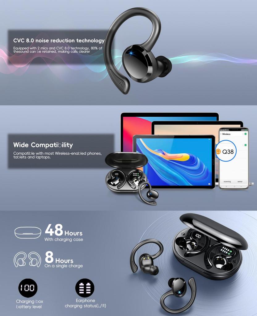 Q38 Waterproof Bluetooth In-ear Earphones with Digital Display - New Model, Hot-Selling Sports Ear-hook Stereo.