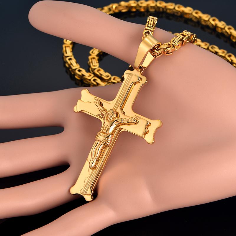 Stainless Steel Byzantine Chain Cross Pendant Male Gold Color Jesus Christ Crucifix Necklaces for Men Religious Jewelry Gift
