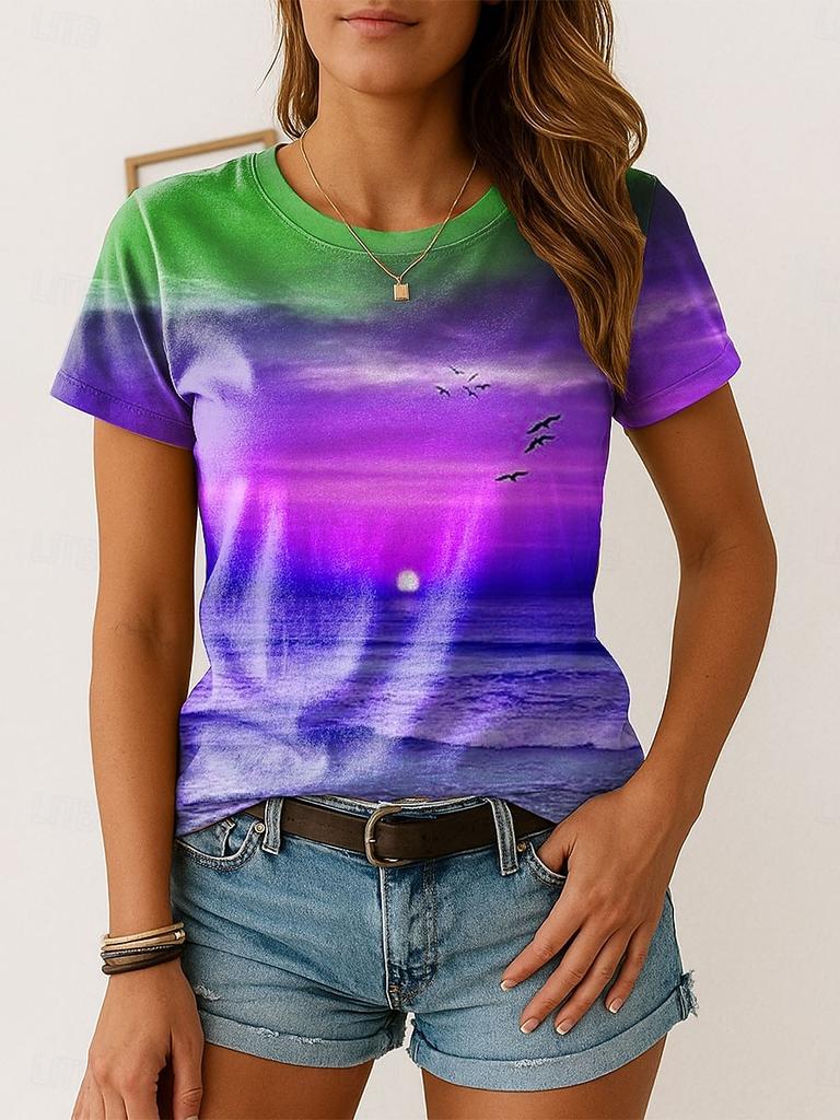 Ocean Sunset Print Casual T Shirt Crew Neck Short Sleeve Tee For Women Summer Holiday Travel Beach Casual And Daily Wear