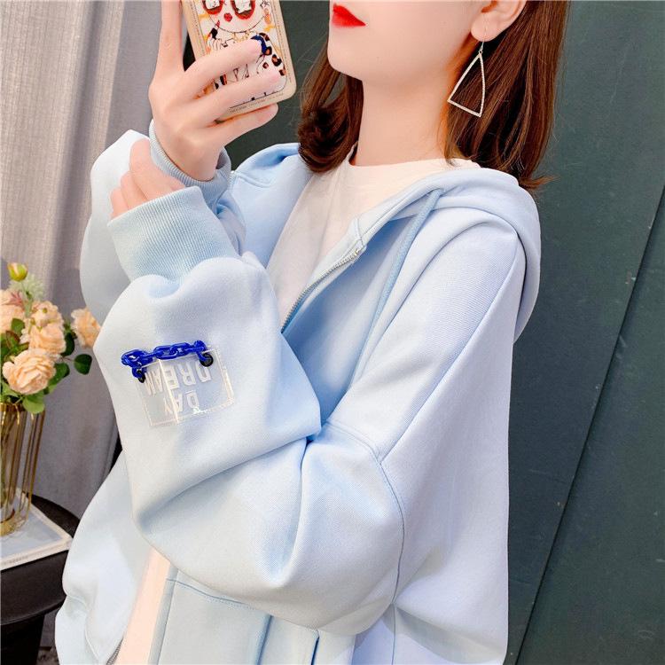 Solid Color Sweatshirt Cardigan Women's Thin Autumn Loose Sweatshirt Jacket Fashionable Long Sleeved Hooded Sweatshirt
