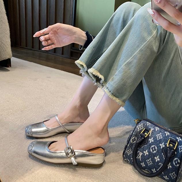 Inner Height Increase Leather Sequined Silver Slippers Women's Summer Cool Slippers Outer Wear Bag Head Thick Bottom Half Slippers