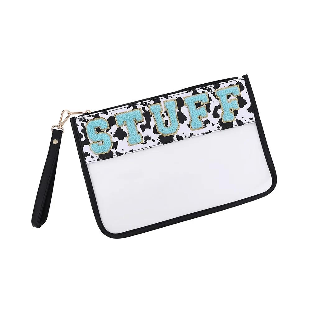 PVC Clear Letter Wash Cosmetic Bag Travel Snack Bag Clear Letter Embroidered Bag for Travel Beach Portable Toilet Storage