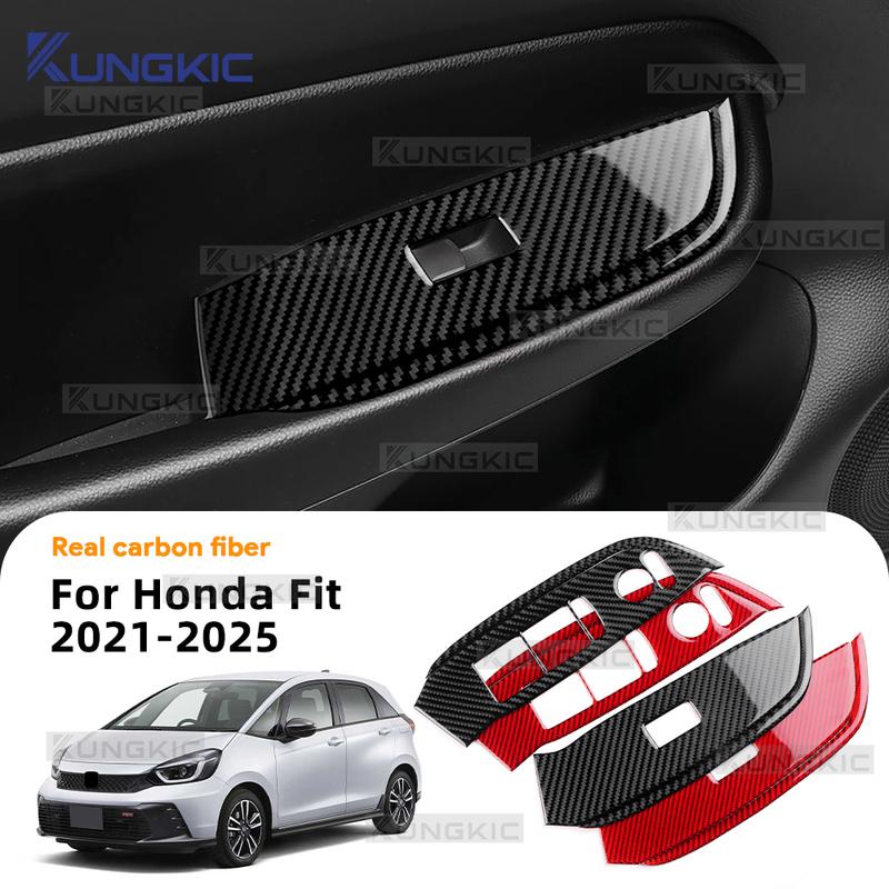 Real Soft Carbon Fiber For Honda Jazz Fit 2021 2022 2023 2024 2025 RHD Car Front Door window Lift Frame Interior Accessories.