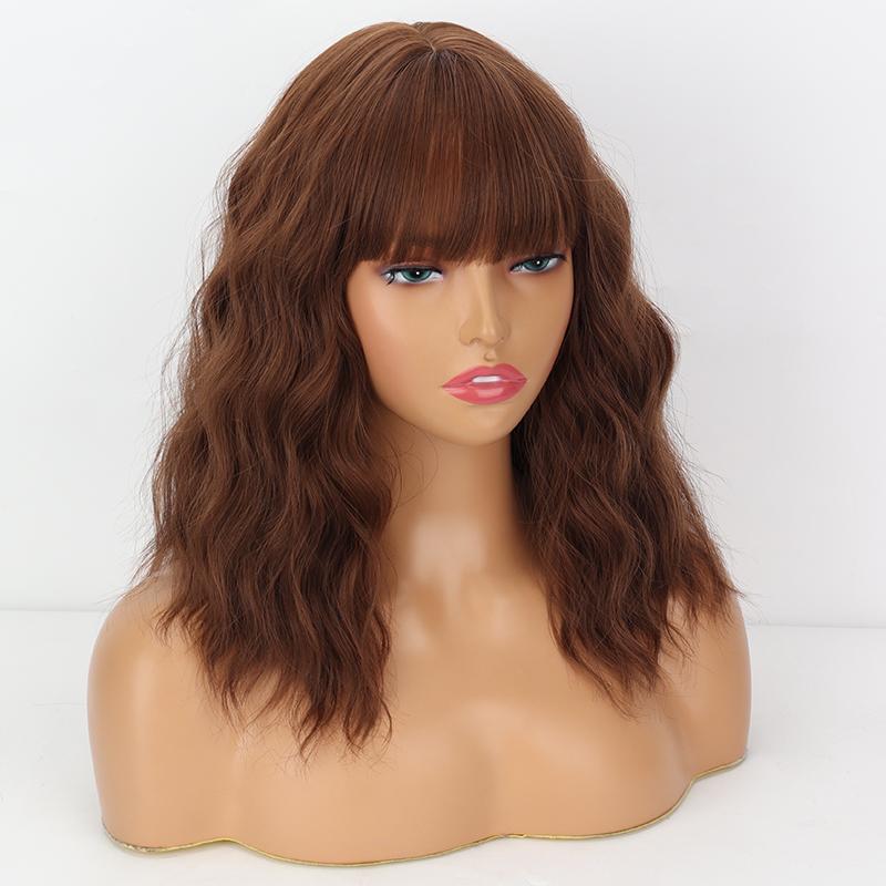 LISI HAIR Rose Red Short Wavy Wig with Bangs Synthetic Fiber Shoulder Length Fashion Cosplay Daily Wear Natural Wavy Wig