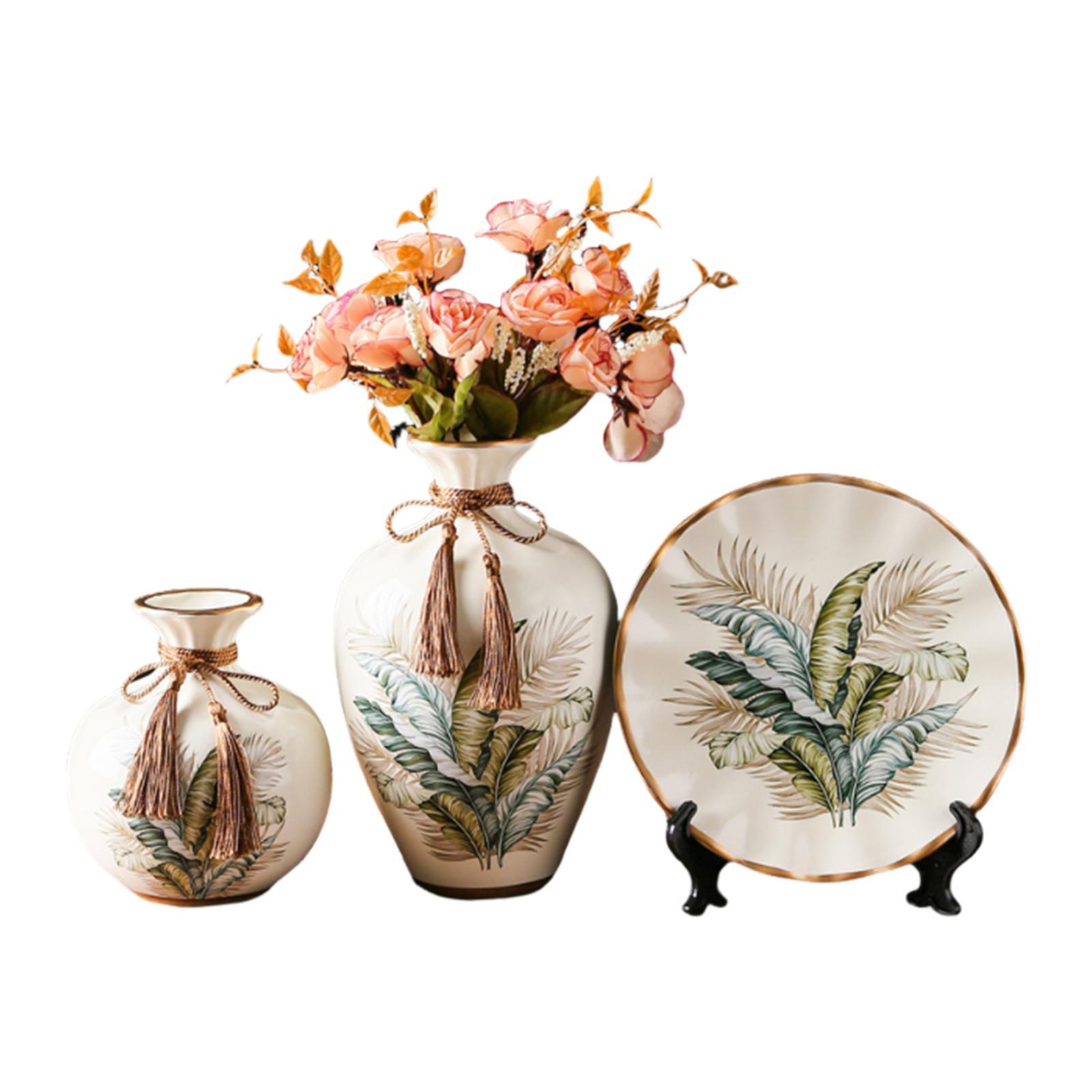 

Ceramic Flower Vase Set Versatile Art Crafts Decorative with Round Tray for Desktop Table Centerpieces Bedroom Farmhouse Decor