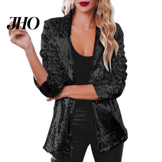 Sequin Outerwear Women's Jacket Shiny Open Front Blazer Evening Women Party Sparkly Long Sleeve Cardigan Coat with Pockets Elegant
