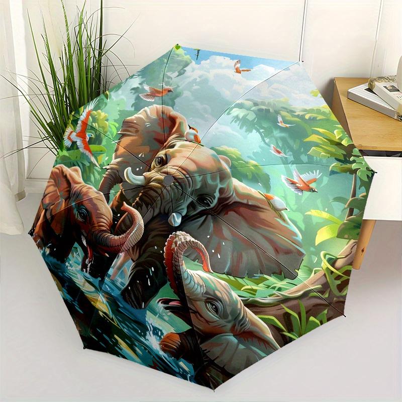 

Jungle Elephants Theme 8 Bone Hand Automatic Folding Umbrella, Compact and Portable Design, A Perfect Gift for Birthday, Christmas or Busine