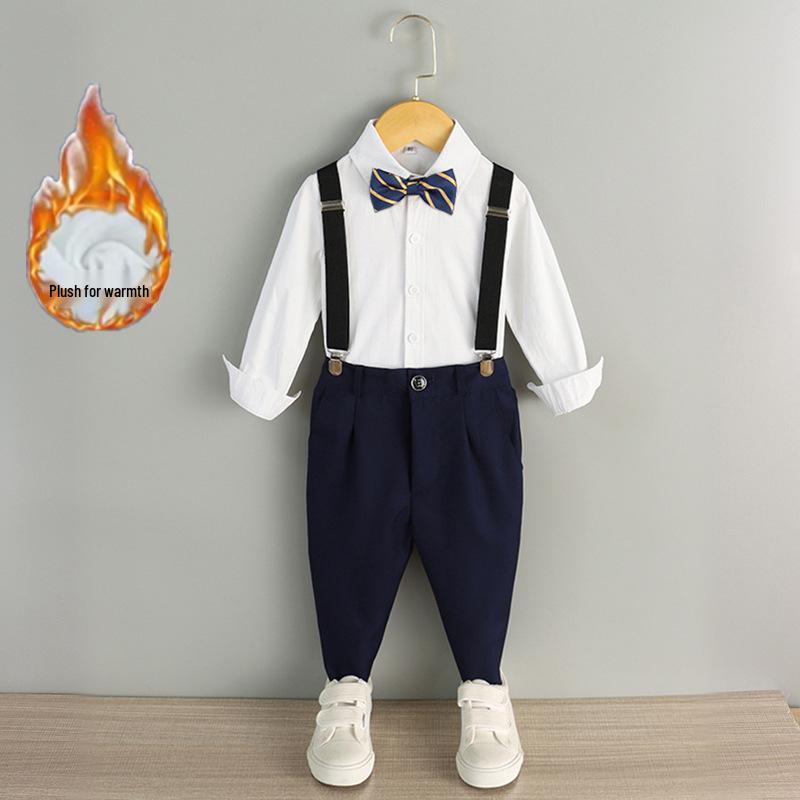 Boy's Formal Ensemble: Fleece White Shirt, Black Suit Pants, Vest, Page Boy Overalls, Performance Costume