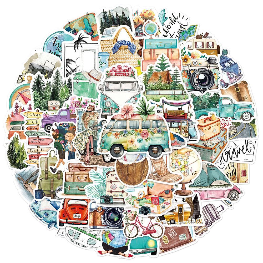 10/30/50pcs Retro Outdoor Travel Hiking Stickers Cartoon Watercolot Aesthetic Sticker Scrapbook Phone Suitcase Decals Decoration
