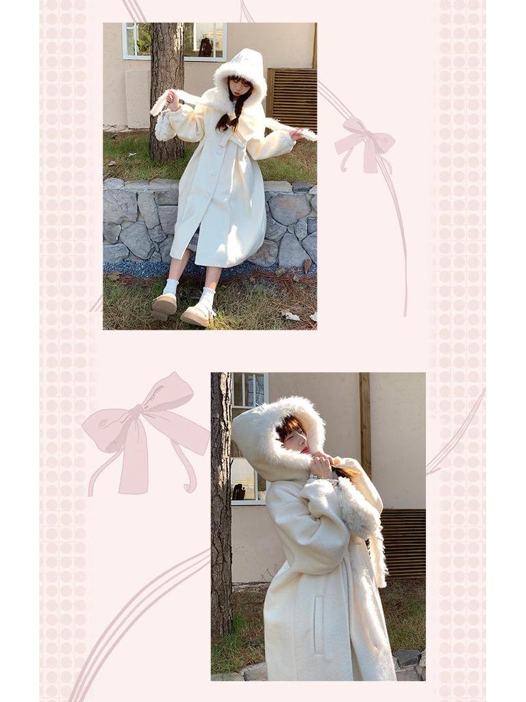 Women's White Wool Hooded Overcoat - Long Sleeve, Loose Fit, 2024 Autumn/Winter