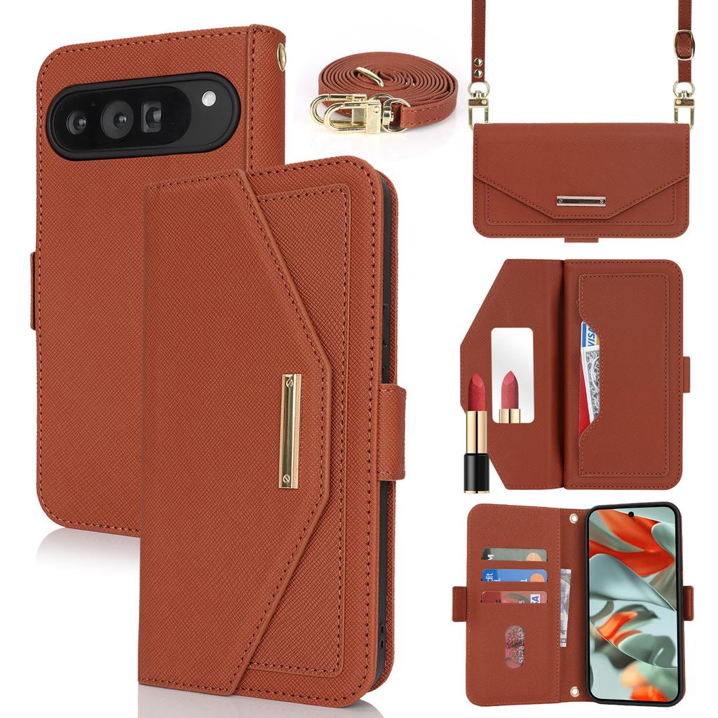 For Google Pixel 9 Pro XL Stand Case Cross Texture PU Leather Wallet Phone Cover with Shoulder Strap/Makeup Mirror