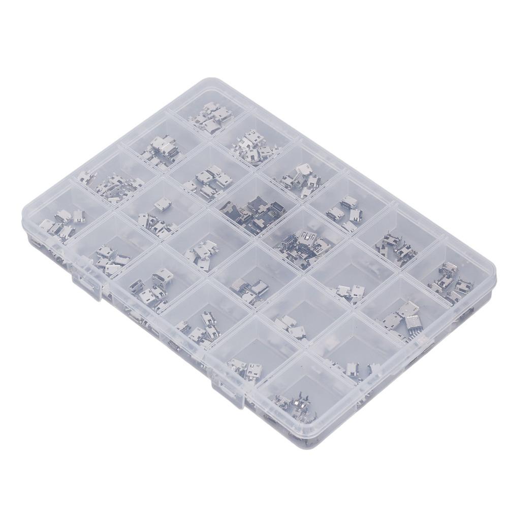 240Pcs 24 Types Micro USB Connector Set USB Female Port with Storage Box Micro USB Female Socket Micro USB Port