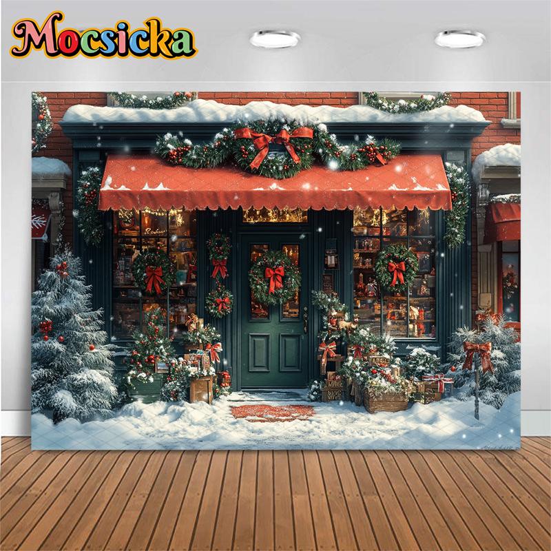 Mocsicka Christmas Store Backgrounds Photography Snowflake House Tree Children Baby Photo Backdrop Gifts Shop Decorations Banner