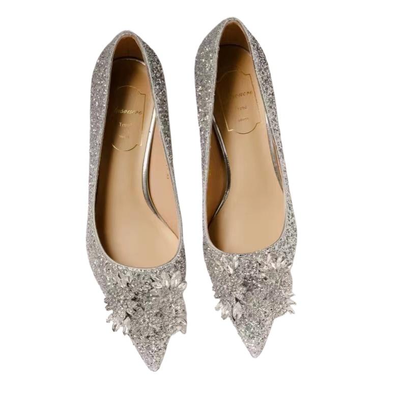 Women's Fashion Thick Heel Shoes Fall New Pointy Head Shallow Mouth Sequin Cloth Diamond-like Buckle Temperament Low Top Shoes