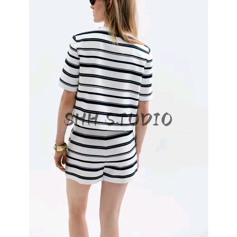 Short Sleeve Stripes Casual Suit Jacket 3607345 Pocket Decoration High Waist Girly Style Pantskirt 3604345