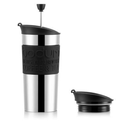 BODUM Tumbler Wasserflasche TRAVEL PRESS SET Reisepressen-Set French Press Kaffeemaschine (mit Deckel für Becher) Edelstahl 350ml Schwarz [Original