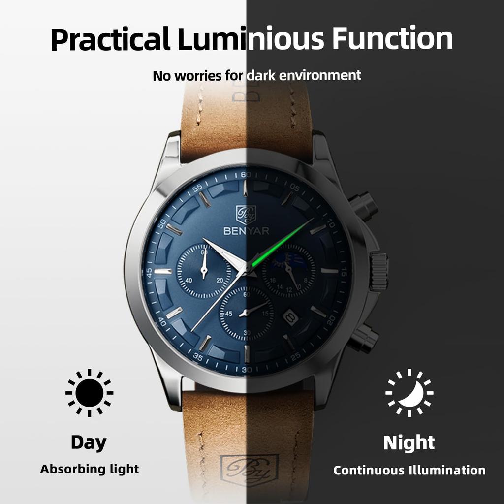BENYAR Chronograph Watch with Leather and for Business and Formal Wear Men's Multi-Calendar Strap, Water-Resistant Scratch-Resistant Brown-Blue Dial,